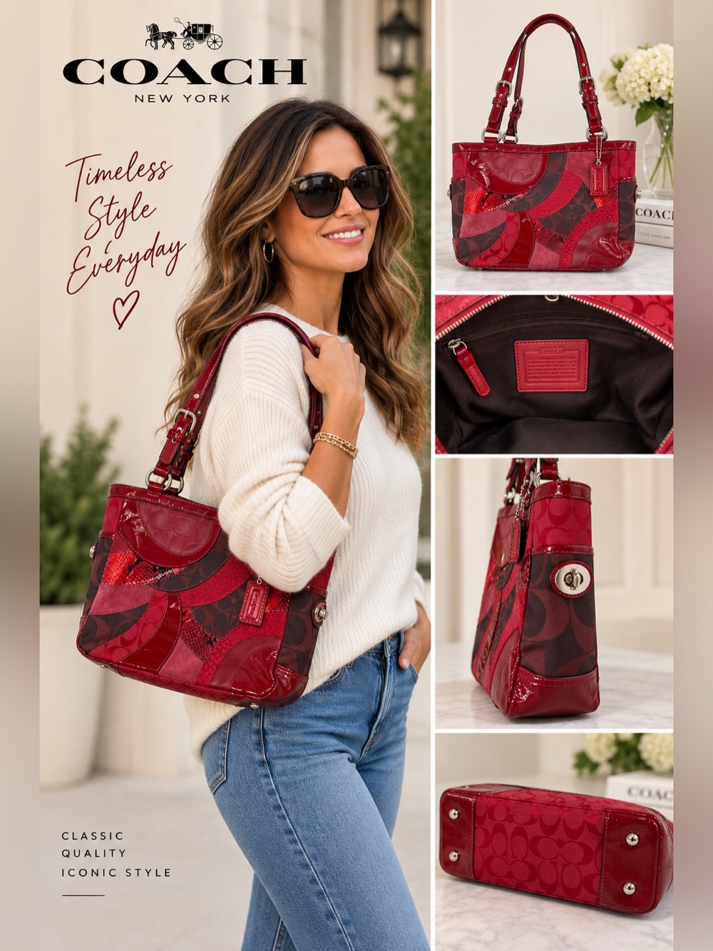 Coach Patchwork Tote Bag One Size Red